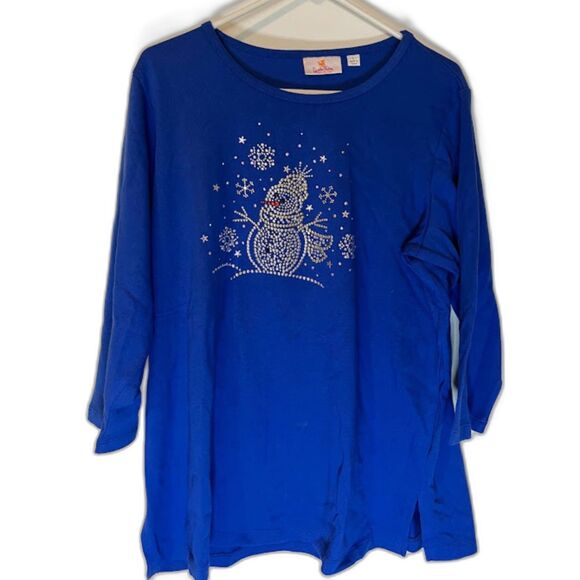 Quacker Factory Top L Blue Beaded Snowman 3/4 Sleeve Winter Holiday Whimsical - Picture 2 of 5
